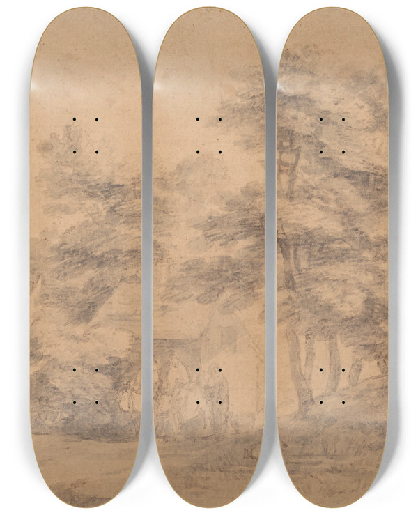 Triptych art skateboard deck of Thomas Gainsborough Wooded Landscape With Figures Donkeys And Cottage by Thomas Gainsborough (1727-1788)