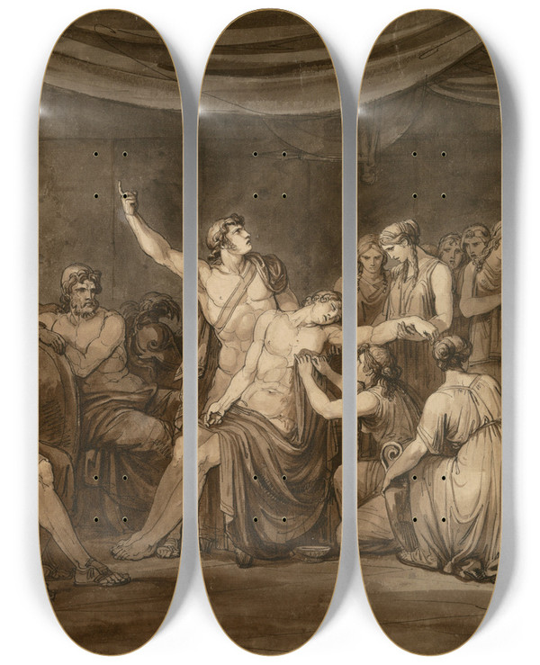 Triptych art skateboard deck of Bartolomeo Pinelli Achilles Swears An Oath To Avenge The Dead Patroclus Killed Byhector by Bartolomeo Pinelli (1781-1835)