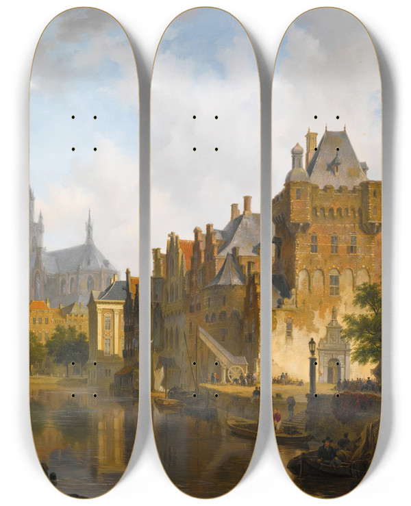 Triptych art skateboard deck of Bartholomeus Johannes Van Hove A Capriccio View Of The Hofvijver The Hague by Bartholomeus Johannes Van Hove (1790-1880)