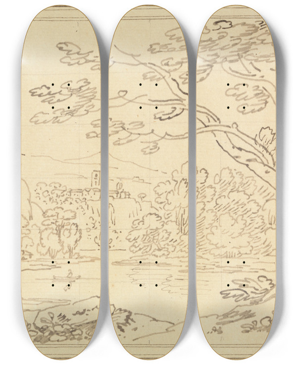 Triptych art skateboard deck of Joseph Farington Landscape With Trees By A Lake by Joseph Farington (1747-1821)