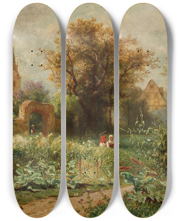 Triptych art skateboard deck of Johann Kautsky A Summer Day by Johann Kautsky (1827-1896)