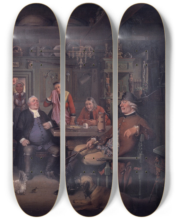 Triptych art skateboard deck of Wilhelm Marstrand Fra Ludvig Holbergs Erasmus Montanus Iii Akt 3 Scene by Wilhelm Marstrand (1810-1873)