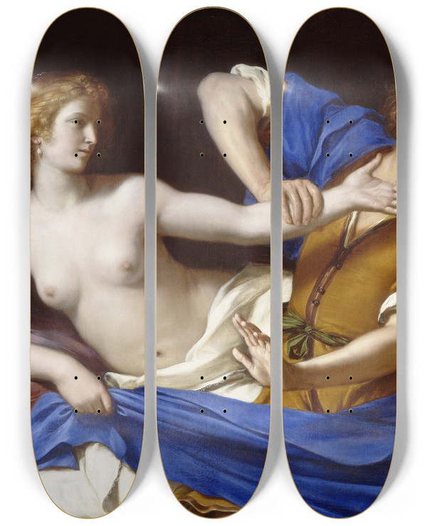Triptych art skateboard deck of Guercino Joseph And Potiphars Wife by Guercino (1591-1666)