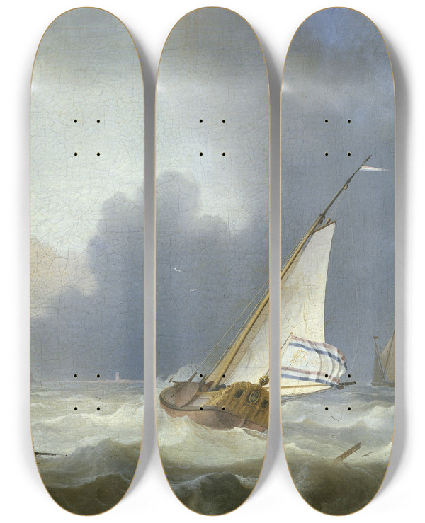 Triptych art skateboard deck of Ludolf Bakhuysen Rough Sea With A Dutch Yacht by Ludolf Backhuysen (1630-1708)