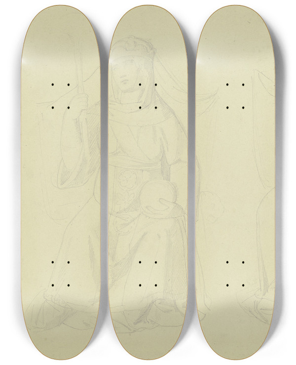 Triptych art skateboard deck of Eduard Von Steinle Zwei Gekrnte Weibliche Figuren by Eduard Von Steinle (1810-1886)