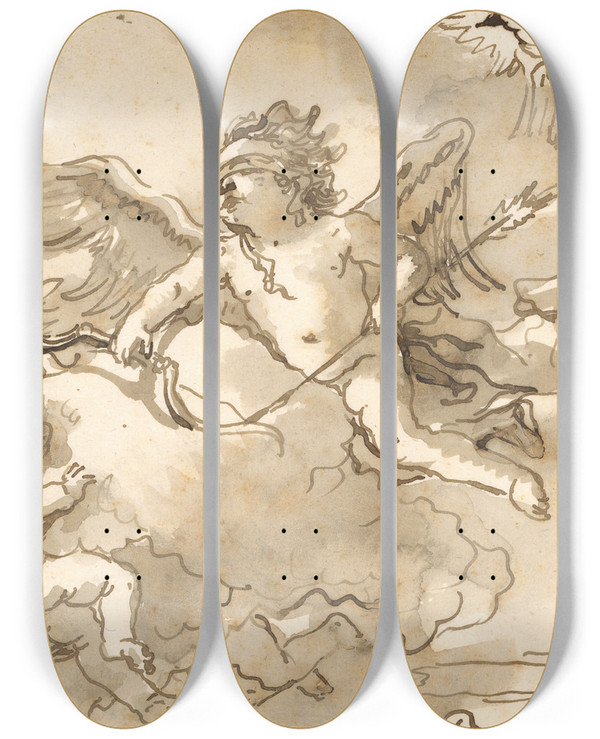 Triptych art skateboard deck of Giovanni Domenico Tiepolo Cupid Blindfolded On A Cloud Supported By Two Attendant Putti by Giovanni Domenico Tiepolo (1727-1804)