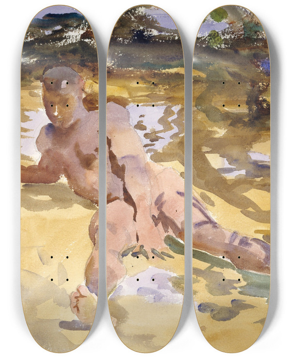Triptych art skateboard deck of John Singer Sargent Man On Beach Florida by John Singer Sargent (1856-1925)