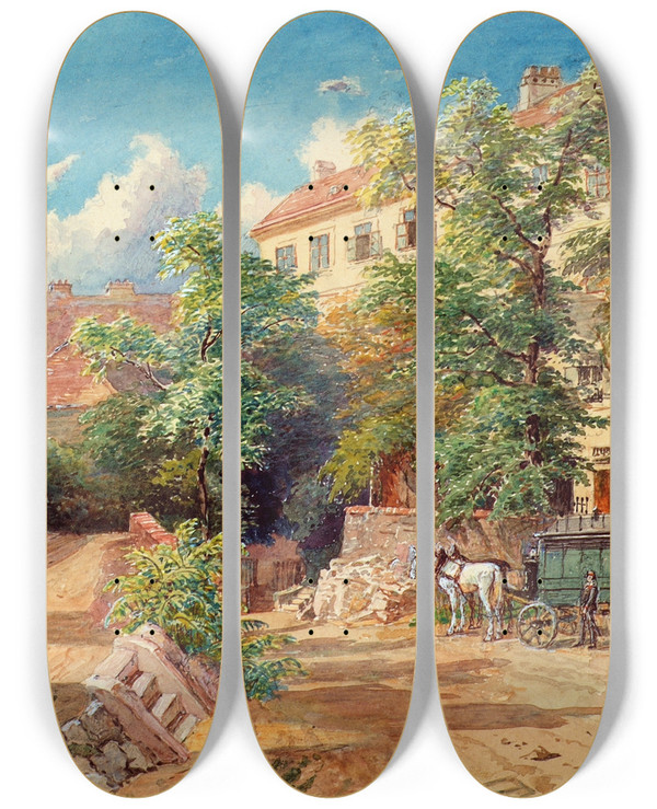 Triptych art skateboard deck of Franz Reinhold Der Hof Des Polizeigefangenenhauses In Der Theobaldgasse In Wien by Franz Reinhold (1816-1893)