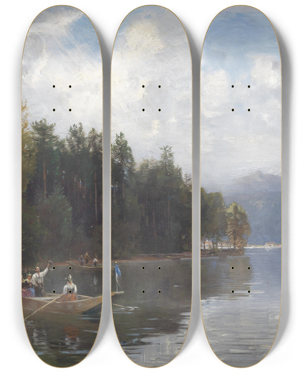 Triptych art skateboard deck of Joseph Wopfner Partie Am Walchensee by Joseph Wopfner (1843-1927)