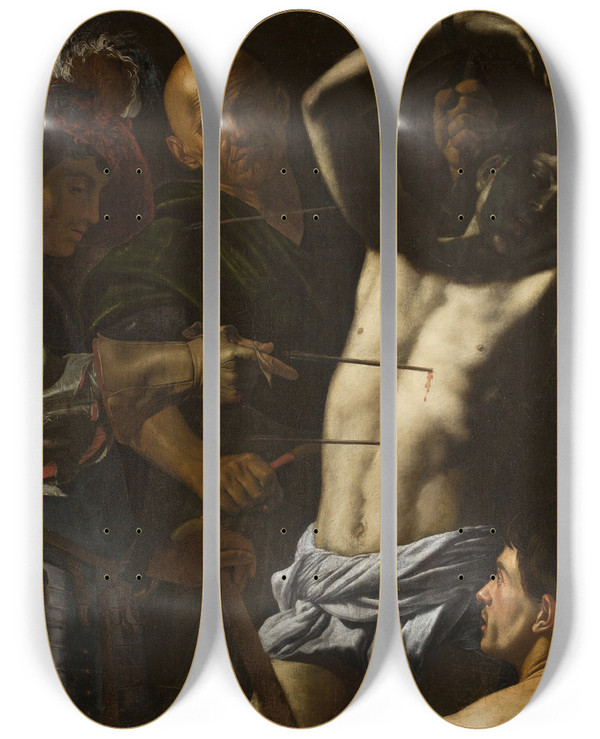 Triptych art skateboard deck of Cecco Del Caravaggio Saint Sebastian by Cecco Del Caravaggio