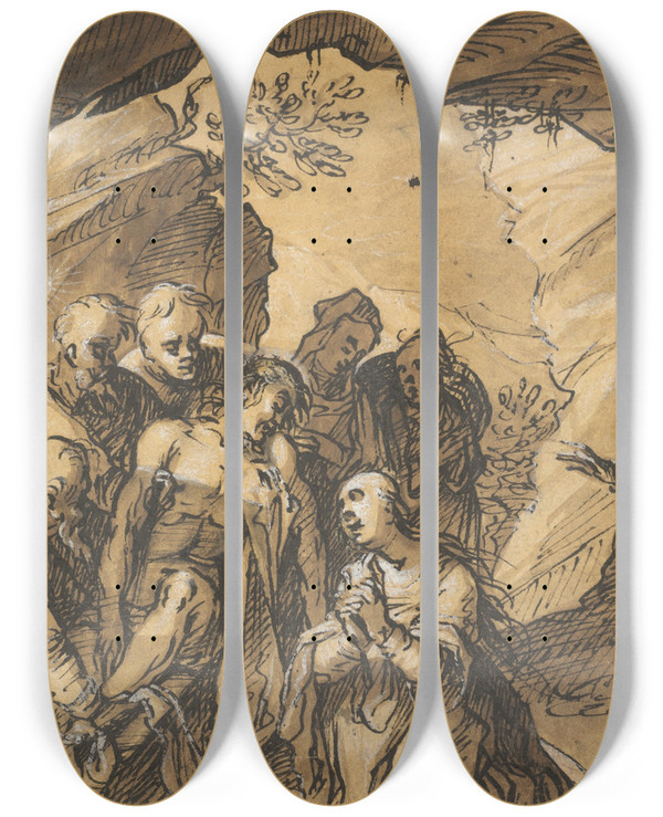 Triptych art skateboard deck of Hermann Weyer The Entombment Of Christ by Hermann Weyer (1596-1621)