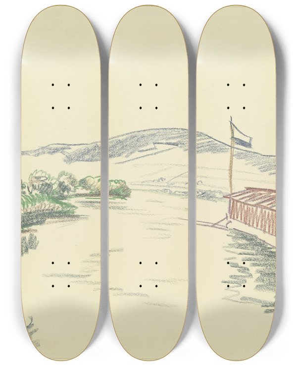 Triptych art skateboard deck of Fried Stern Main Landscape by Fried Stern (1875-1944)