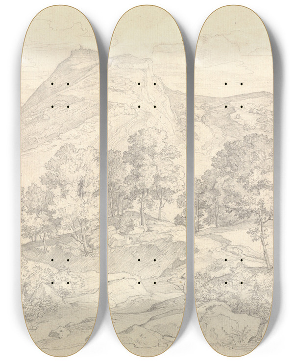 Triptych art skateboard deck of Heinrich Reinhold A View Of Civitella From The Serpentara Next To Olevano by Heinrich Reinhold (1788-1825)