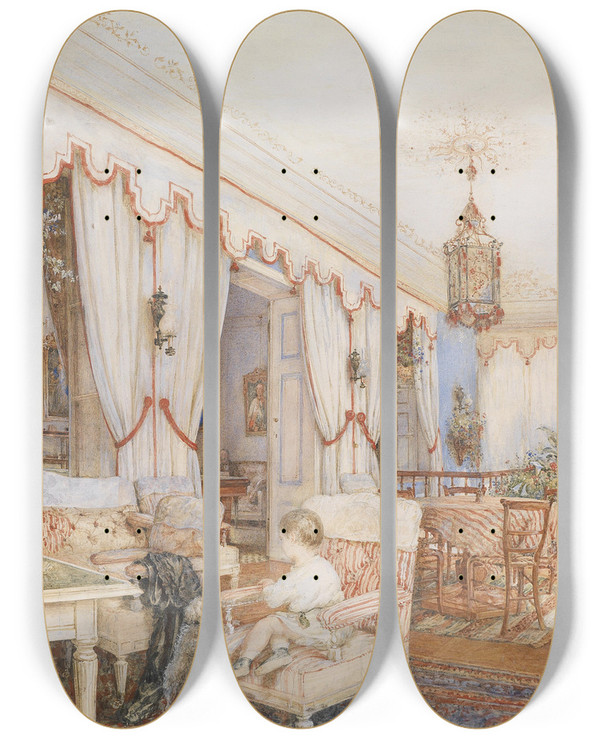 Triptych art skateboard deck of Franz Alt Interieur Mit Hund Und Kind by Franz Alt (1821-1914)