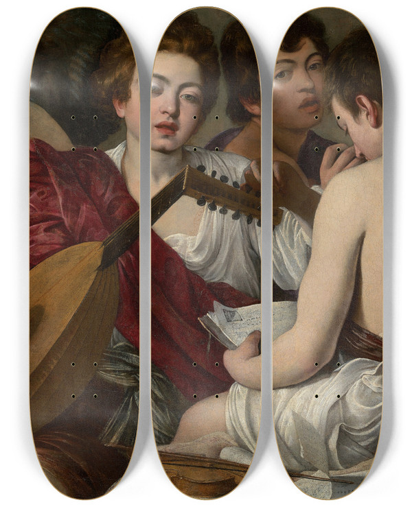 Triptych art skateboard deck of Caravaggio The Musicians by Caravaggio (1571-1610)