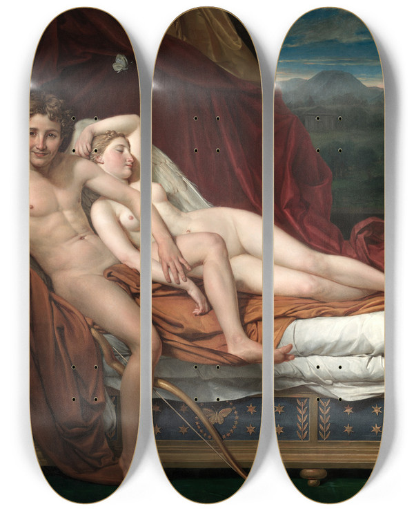 Triptych art skateboard deck of Jacques Louis David Cupid And Psyche by Jacques Louis David (1748-1825)
