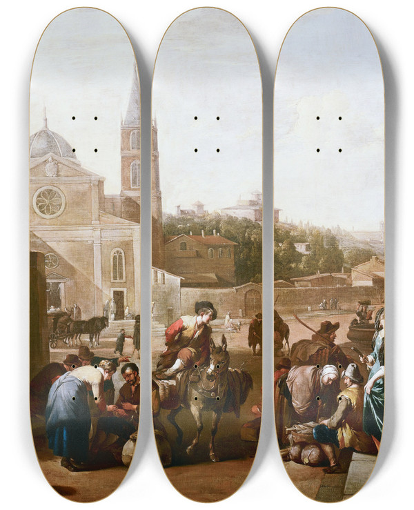 Triptych art skateboard deck of Johannes Lingelbach The Piazza Del Popolo Rome by Johannes Lingelbach (1622-1674)