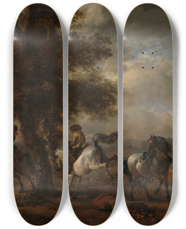 Triptych art skateboard deck of Philips Wouwerman The Bucking Grey by Philips Wouwerman (1619-1668)