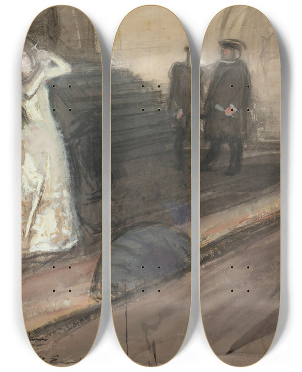 Triptych art skateboard deck of Magnus Enckell Theatre Scene Ida Aalberg As Maria Stuart by Magnus Enckell (1870-1925)