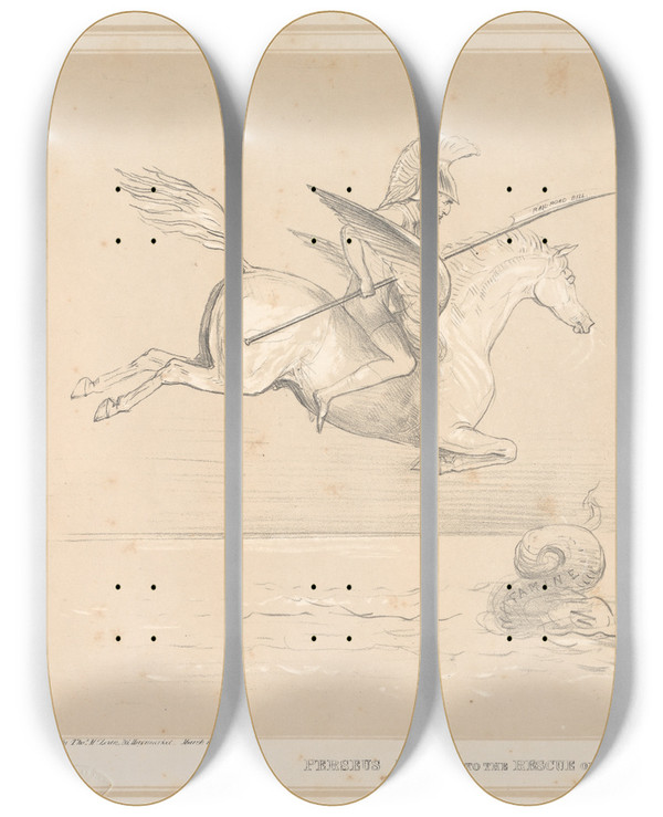 Triptych art skateboard deck of John Doyle Perseus Flying To The Rescue Of Andromeda by John Doyle (1939)