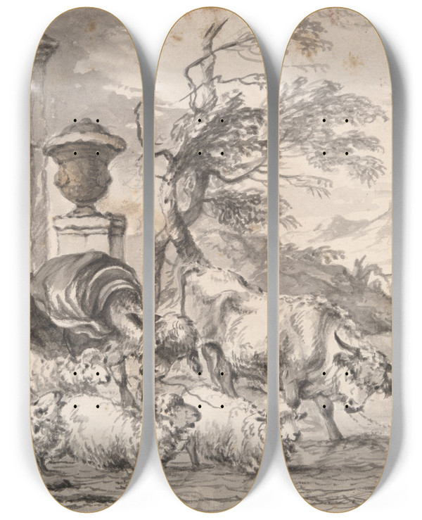 Triptych art skateboard deck of Michiel Carree Cattle Wasing Through A Floodedstream by Michiel Carree (1657-1727)