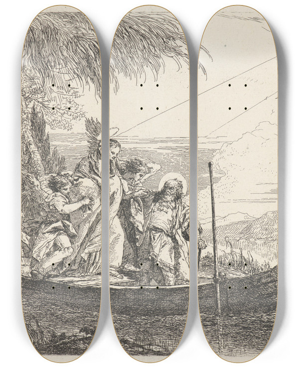 Triptych art skateboard deck of Giovanni Domenico Tiepolo The Madonna Child And Angels Entering The Boat by Giovanni Domenico Tiepolo (1727-1804)