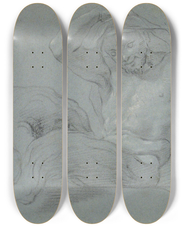 Triptych art skateboard deck of Jacopo Guarana Satyr Reclining On A Ledge Facing Left by Jacopo Guarana (1720-1808)