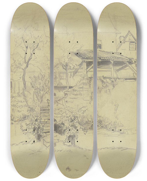 Triptych art skateboard deck of Jakob Frchtegott Dielmann Auf Einer Alten Mauer Ein Schuppen Eine Treppe Fhrt Hinauf Auf Der Eine Katze Sitzt Links Ein Bienenstand by Jakob Furchtegott Dielmann (1809-1885)