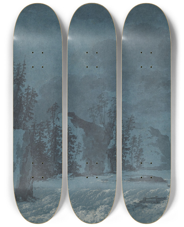 Triptych art skateboard deck of Claudelouis Chtelet River Rapids By Wooded Cliffs by Claude Louis Chatelet (1753-1794)