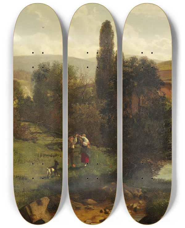 Triptych art skateboard deck of Hans Thoma Schwarzwaldlandschaft Mit Spielenden Kindern by Hans Thoma (1839-1924)