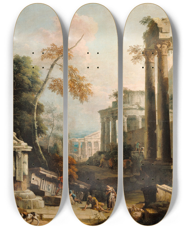 Triptych art skateboard deck of Marco Ricci Landscape With Classical Ruins And Figures by Marco Ricci (1676-1729)