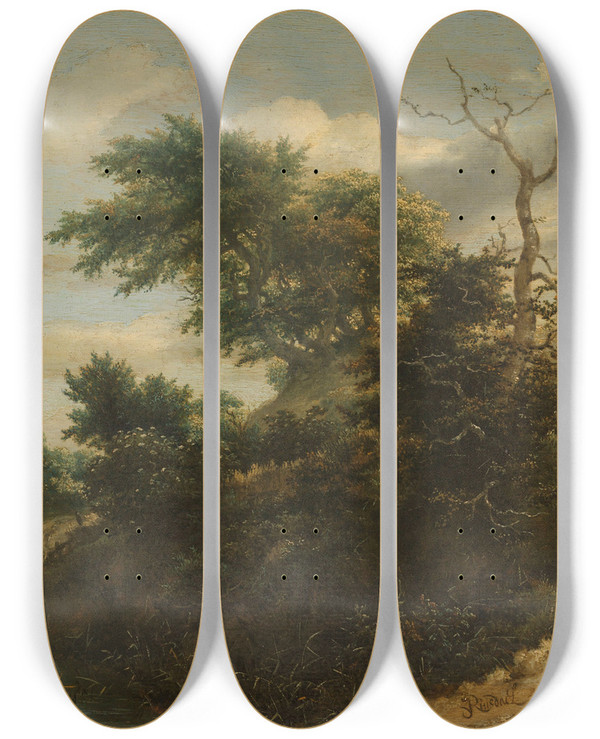 Triptych art skateboard deck of Jacob Van Ruisdael Sandy Track In The Dunes by Jacob Van Ruisdael (1628-1682)