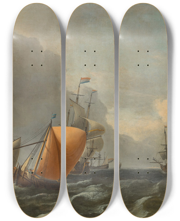 Triptych art skateboard deck of Aernout Smit Dutch Men Owar On Choppy Waters by Aernout Smit (1640-1710)