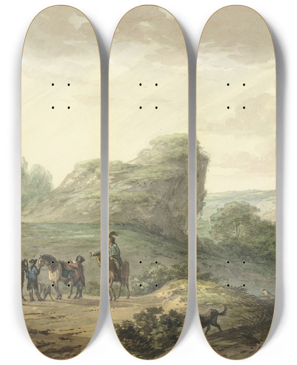 Triptych art skateboard deck of Hermanus Numan Landschap Met Ruiters by Hermanus Numan (1744-1820)