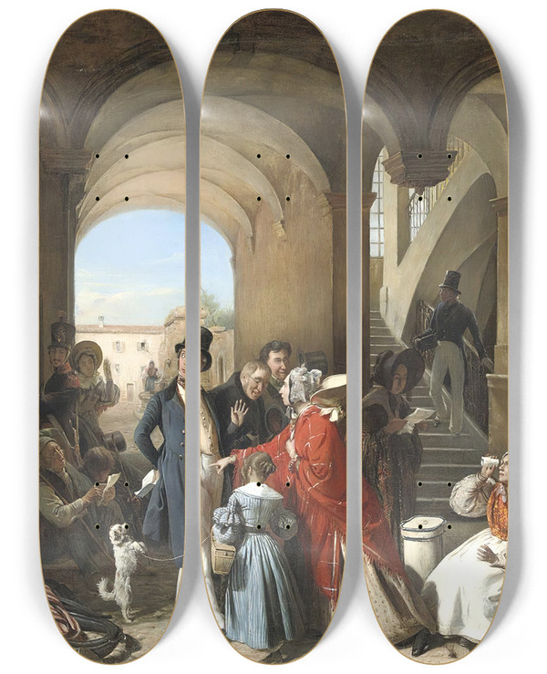 Triptych art skateboard deck of Franoisauguste Biard La Poste Restante by FranoisAuguste Biard (1799-1882)