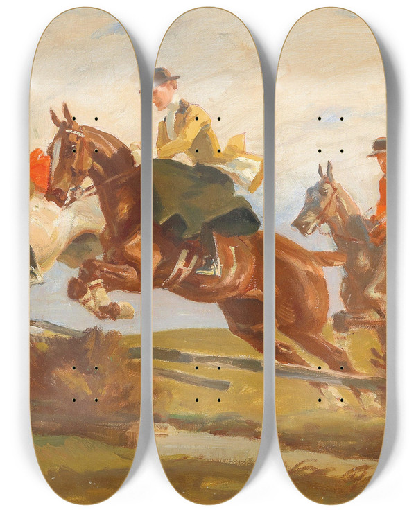 Triptych art skateboard deck of Angelo Jank Springreiter by Angelo Jank (1868-1940)