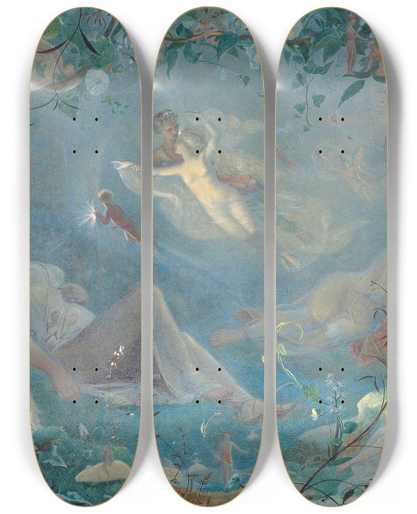 Triptych art skateboard deck of John Simmons Titania Asleep A Scene From A Midsummer Nights Dream Act Ii Scene Ii by John Simmons (1823-1876)