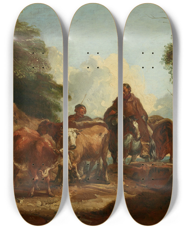 Triptych art skateboard deck of Thomas Barker Of Bath Cowherds With Cattle On A Dirt Road by Thomas Barker Of Bath (1769-1847)