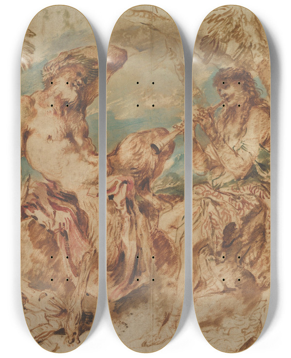 Triptych art skateboard deck of Giovanni Benedetto Castiglione Youth Playing A Pipe For A Satyr_2 by Giovanni Benedetto Castiglione (1609-1664)