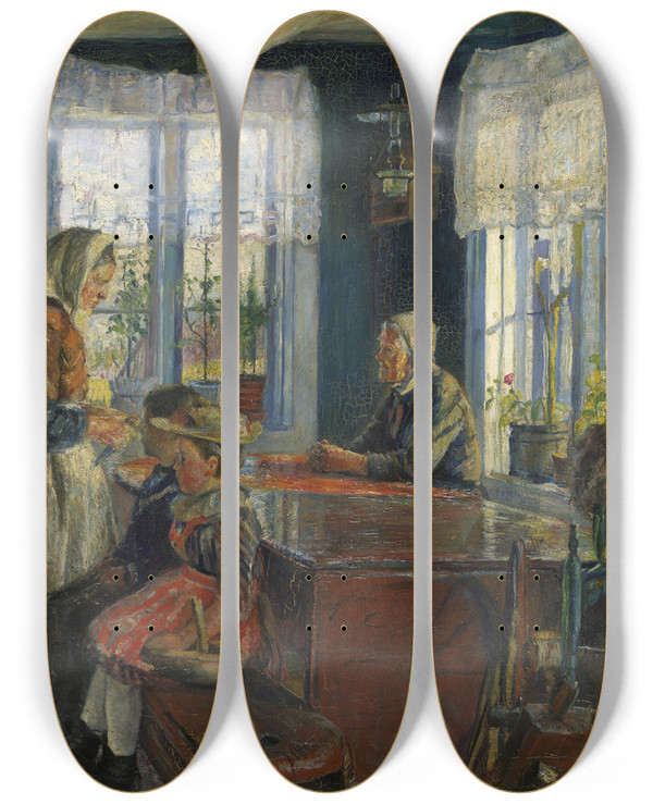Triptych art skateboard deck of Halfdan Strm Farm Interior by Halfdan Strom (1863-1949)