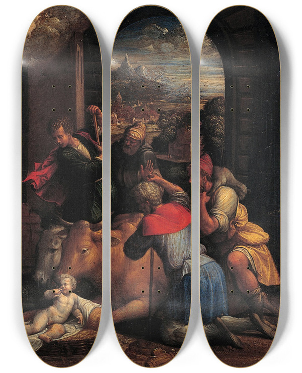 Triptych art skateboard deck of Benvenuto Tisi Adoration Of The Sheperds by Benvenuto Tisi (1481-1559)
