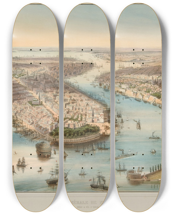 Triptych art skateboard deck of J Bachmann Vue Generale Denewyork by J Bachmann (1814-1896)