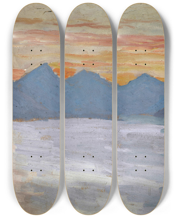 Triptych art skateboard deck of Ernst Schiess View On The Lake Of Lugano Toward The Mountains Of Porlezza Before Sunrise by Ernst Schiess (1872-1919)