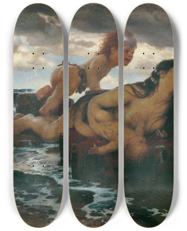 Triptych art skateboard deck of Arnold Bcklin Meeresidylle by Arnold Bocklin (1827-1901)