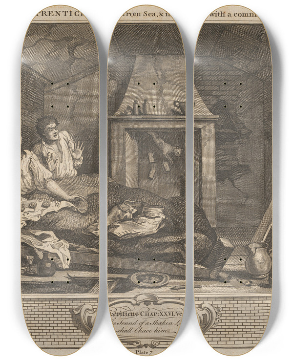 Triptych art skateboard deck of William Hogarth Plate 7 The Idle Prentice Returned From Sea And In A Garret With A Common Prostitute by William Hogarth (1697-1764)