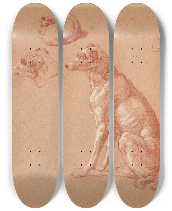 Triptych art skateboard deck of Jacquesraymond Brascassat Tudes De Chiens by Jacques Raymond Brascassat (1804-1867)