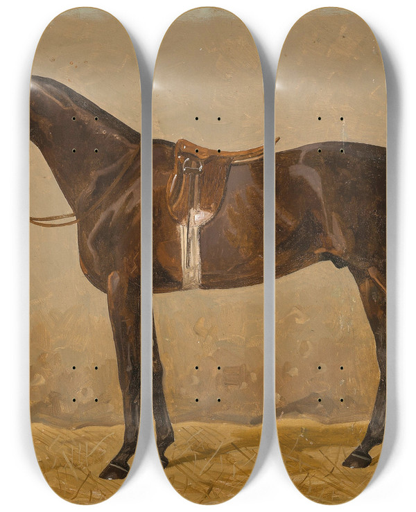 Triptych art skateboard deck of Emil Volkers A Saddled Bay Horse In A Stable_2 by Emil Volkers (1831-1905)