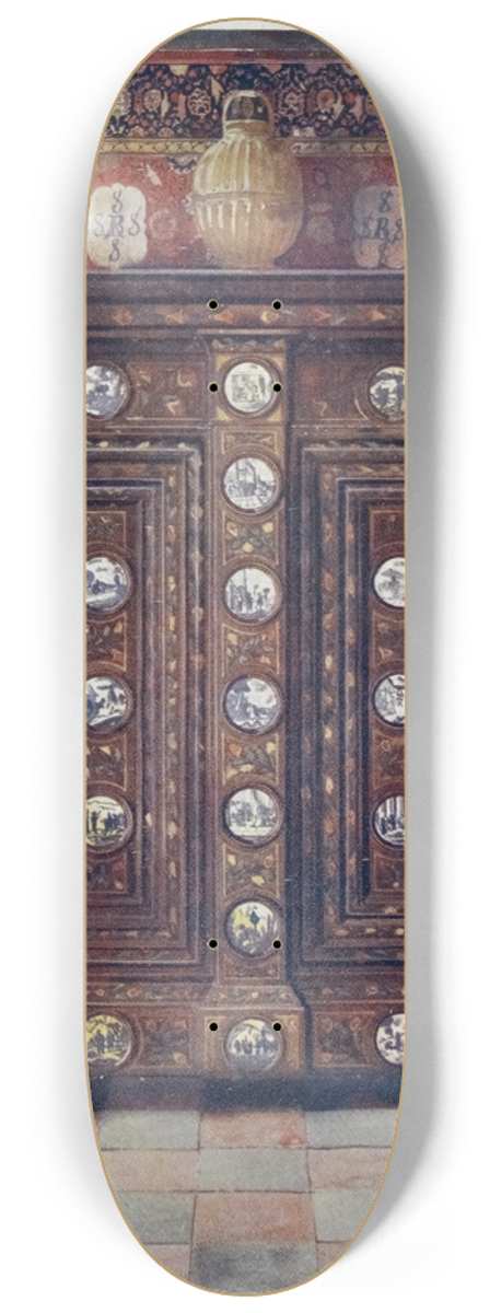 Edwin Foley - Walnut kas inlaid and with painted medallions of Delft ware 8.25 inch art skate deck