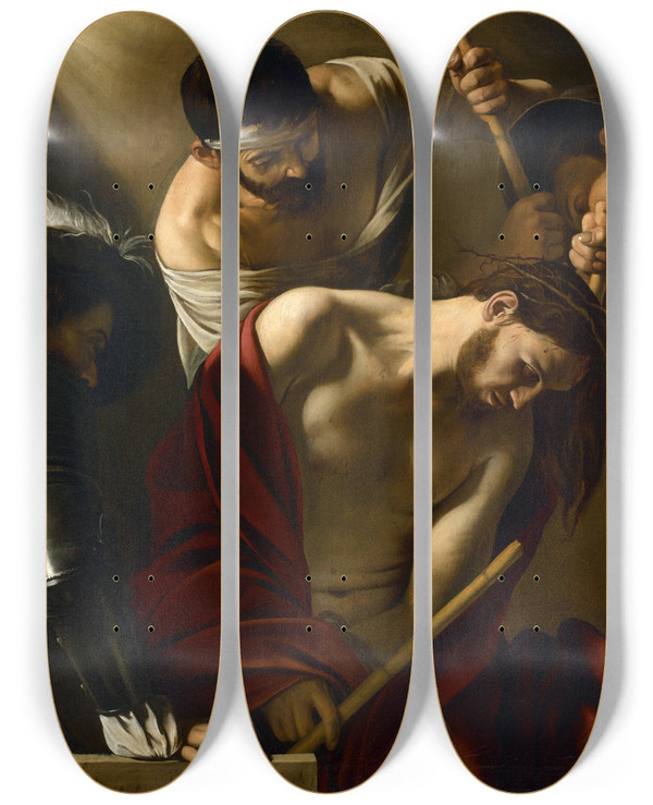 Triptych art skateboard deck of Caravaggio The Crowning With Thorns by Caravaggio (1571-1610)