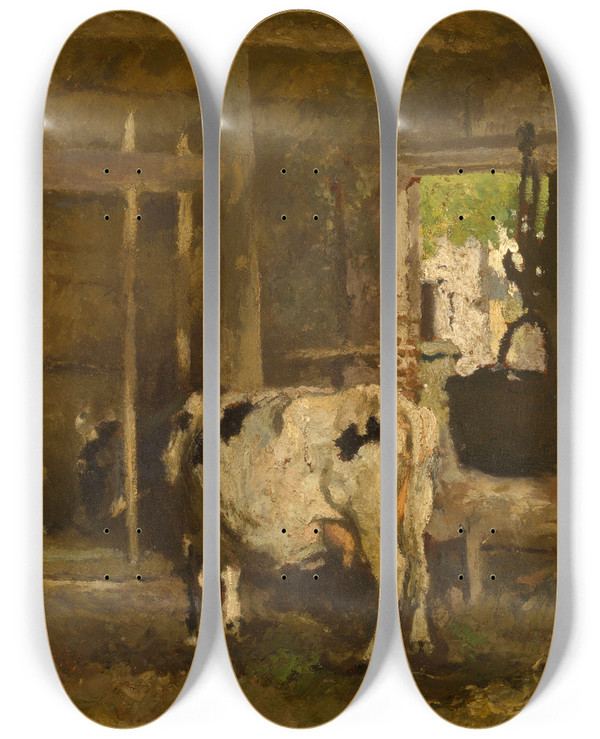 Triptych art skateboard deck of Adrienjoseph Heymans Stable Interior by Adrien-Joseph Heymans (1839-1921)